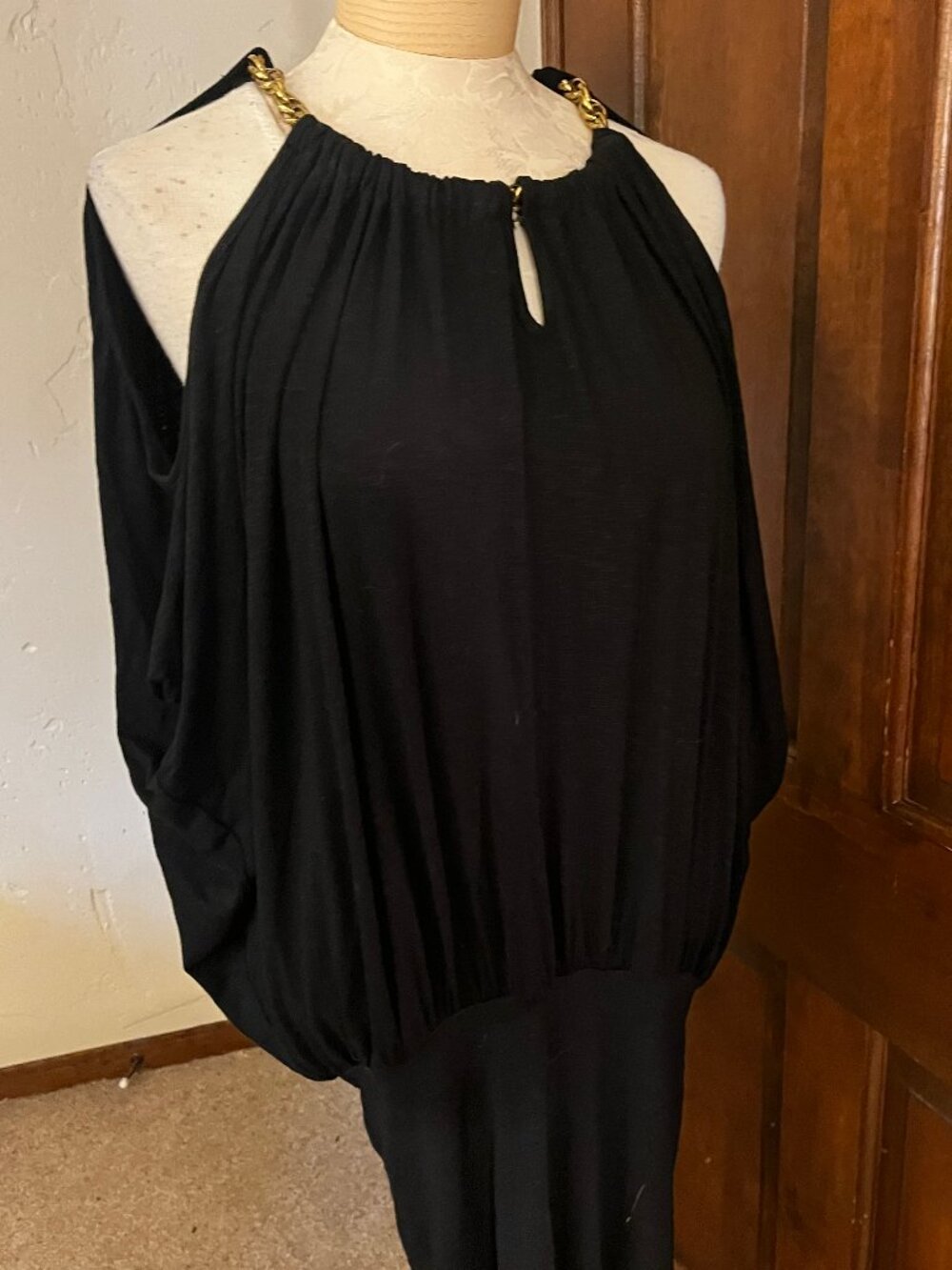 Casting France Black Cold Shoulder Tunic with Gold Chain Tassel Straps